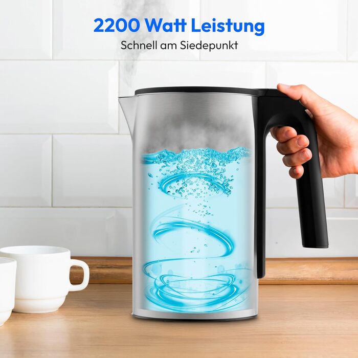 Електричний чайник MEDION LIFE MD12106, 2.2 кВт, 1.5 л, LED-дисплей, LED-підсвітка, автопрограми, захист від дітей, срібний