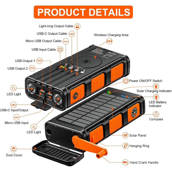 Портативний зарядний пристрій Powerbank 26800 mAh з сонячною панеллю та ручкою, 4 кабелі, USB-C, швидка зарядка, 7 виходів, 4 входи, для мобільного телефону, водонепроникний, зовнішній акумулятор для кемпінгу, оранжевий