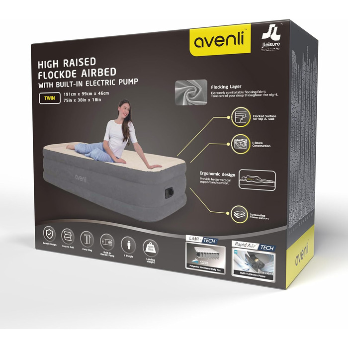Надувний матрац-ліжко AVENLI самонадувний для 1 особи, 191x99x46 см, з інтегрованою помпою, белькрове покриття, для кемпінгу та дому