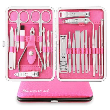 Набір для манікюру та педикюру 23 шт. Професійний набір для стрижки нігтів з нержавіючої сталі з подарунковою шкіряною сумочкою (Рожевий/Сріблястий)