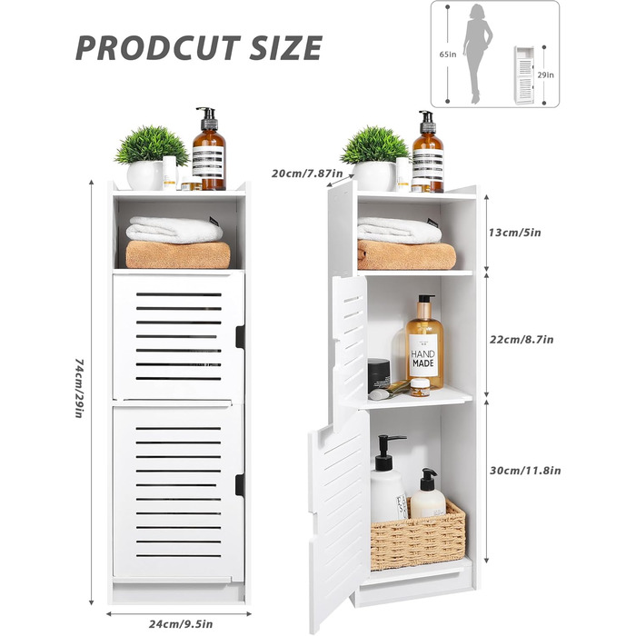 Aimu waterproof bathroom cabinets, bathroom storage units with open storage shelves, freestanding floor cabinets, corner organizers for bedroom, kitchen, hallway, white, 74x20x24 cm