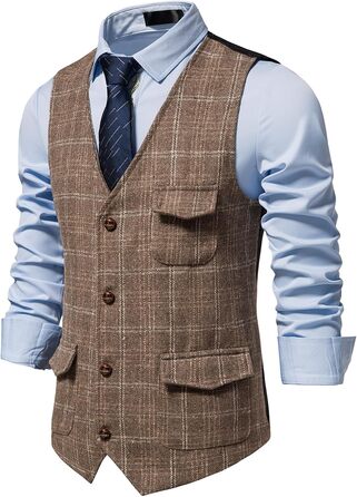 Чоловіча жилетка в клітинку, формальна, без рукавів, з V-подібним вирізом, твід, для бізнесу та відпочинку, жилетка з кишенею, колір кава