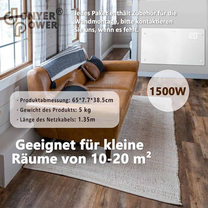 Конвектор опалення DONYER POWER 2500W з Wi-Fi, 24H таймер, дистанційне керування, скло (1.5kW, білий)