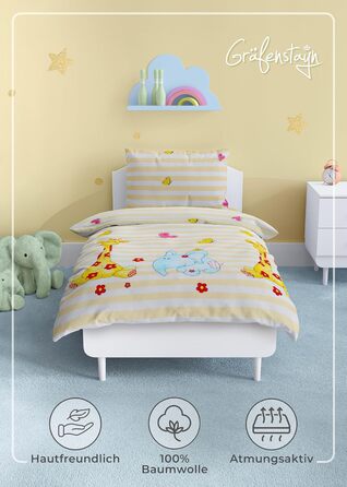 Комплект постільної білизни для дітей Gräfenstayn® з принтом тварин (жирафа та слон) - 100% бавовна (ренфорс) - ковдра 135x100 см, подушка 135x100 см