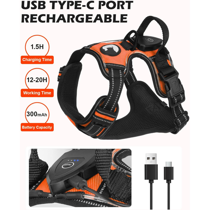 Світловідбиваючий нашийник для собак Joytale з підзарядкою, без натягування, з ручкою, для нічних прогулянок, чорно-синій, M (XL, 1 шт.), помаранчевий