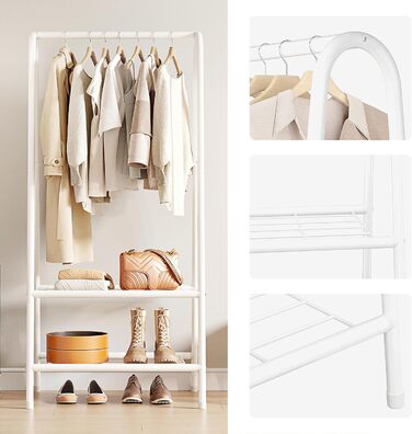 Robust metal clothes rack with double shelves for hanging clothes. Freestanding portable metal clothes rack, 62 L x 35 W x 157.5 H cm. Space-saving, Gold (White)