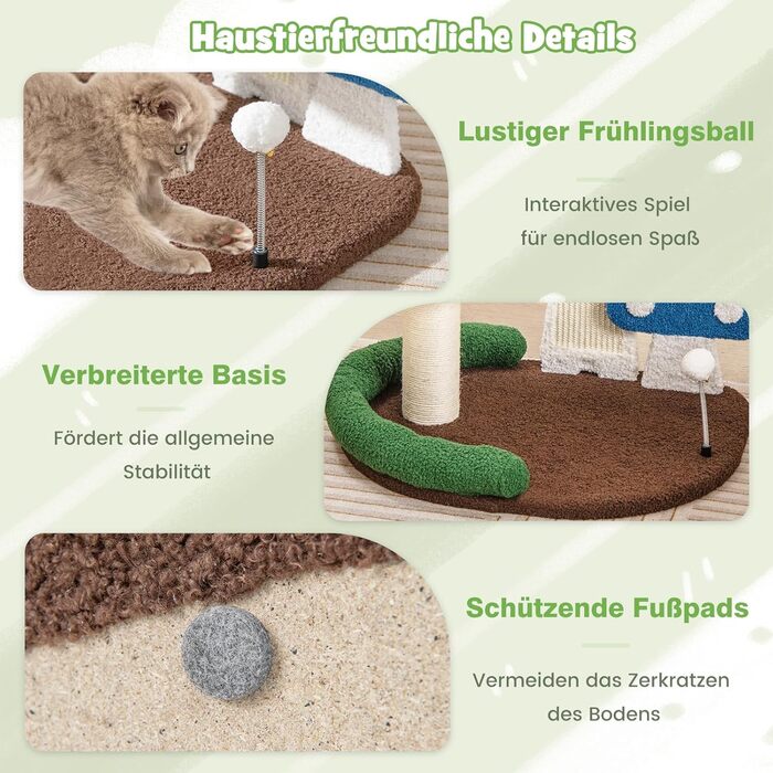 Дерев'яний кігтеточка для котів Costway з 2 будиночками, сизалевим покриттям та ігровим м'ячиком, 60x49x59 см, кольоровий