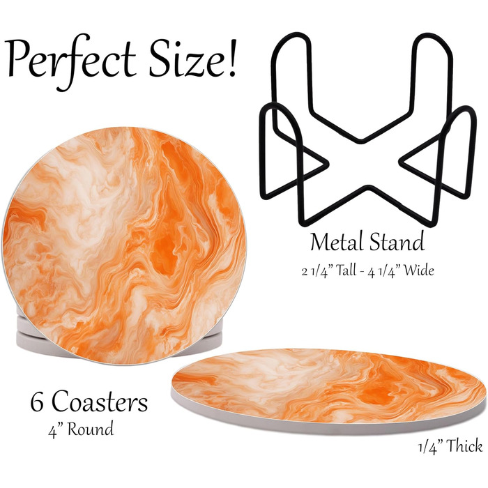 Aqua Blue Teal Marble Coasters Set of 6 - Absorbent Ceramic Coasters with Metal Stand for Drinks, Coffee, Non-Slip Cork Back for Table Protection, 10.2 cm Marble Pattern (Blue-Green) (Orange/Sunset Red Chevron Pattern)