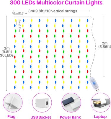 Лямпас LED 3x3м: 300 LED, тепле світло, 8 режимів, IP65, для дому та саду, декор для вечірки, весілля, Різдва