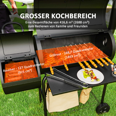 Сталевий вугільний гриль Outsunny BBQ Smoker з кришкою, термометром, колесами, полицею, мобільний гриль-візок з регулюванням подачі повітря, кошик для вугілля, вугільний гриль для барбекю, кемпінгу, саду 109x60x120 см | Aosom