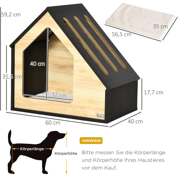 Дерев'яна будка для собак Pawhut - затишна кімната для котів та собак, 60x40x59.2 см, з подушкою