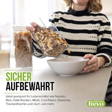 bevo - Set of 5 Storage Containers for the Kitchen made of PET with Lid for Food - Storage Containers & Storage Boxes BPA-free, Airtight - Boxes for Storing & Organizing Cereal, Flour, Pasta & Rice