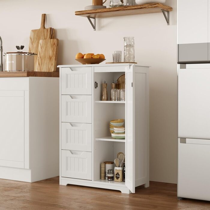 Bealife Bathroom Cabinet, Narrow Vanity Storage Cabinet with 4 Drawers, Cupboard Door, Adjustable Partition, Suitable for Bathroom, Living Room, Kitchen, Hallway