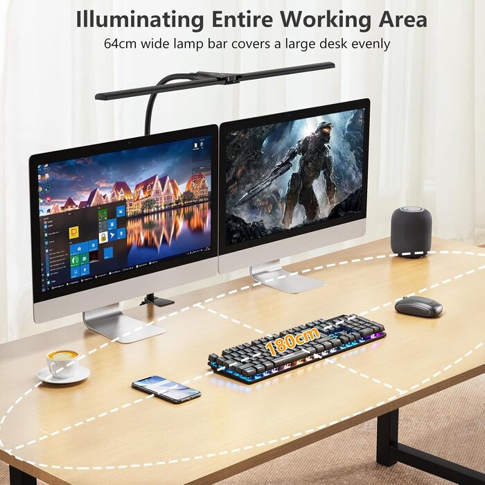 LED Desk Lamp with Adjustable Gooseneck - Dual Head, 1200 Lumens, Eye Protection for Home Office & Study - Black with 5 Color Temperature/Brightness Levels