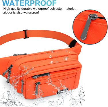 Чоловіча та жіноча поясна сумка-бананка з дощовиком, велика, з нейлону, 5 відділень на блискавці, для подорожей, спорту, прогулянок з собакою (Оранжева)