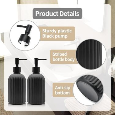 Набір з 2 скляних дозаторів для мила з помпою, 400 мл, для мила, шампуню, лосьйону, багаторазові, для кухні, ванної, пральні (чорний)