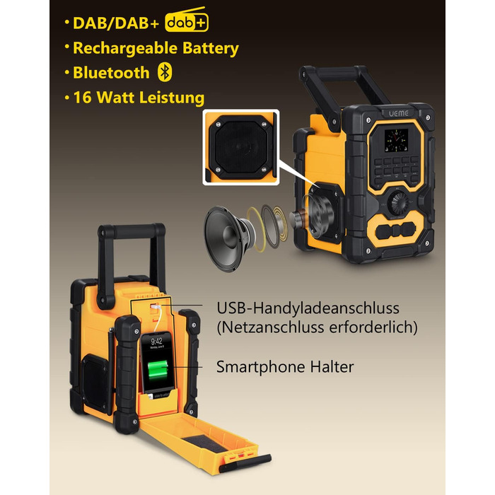 Радіо для будівельного майданчика DAB+ FM з Bluetooth 5.0, 16W стерео, акумулятор 8000mAh (18h), USB зарядка, Aux, вологозахист, пилозахист (жовто-чорне)