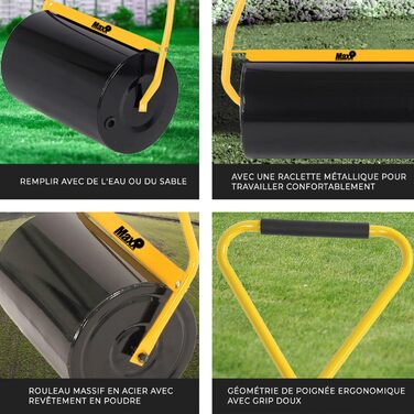 MaxxGarden Fillable Lawn Roller - Fillable garden roller with sand or water - Up to 50L - Lawn roller for lawns - 50cm x 32cm - Roller for leveling and pressing seeds - Size M - Black/Yellow