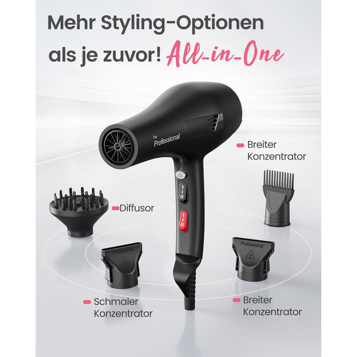 Dekuri Professional Ionic Hair Dryer with Diffuser & Styling Nozzles - 3 Heat & 2 Speed Settings, 2.5m Cord - Powerful Hair Dryer for Family Use (Black)