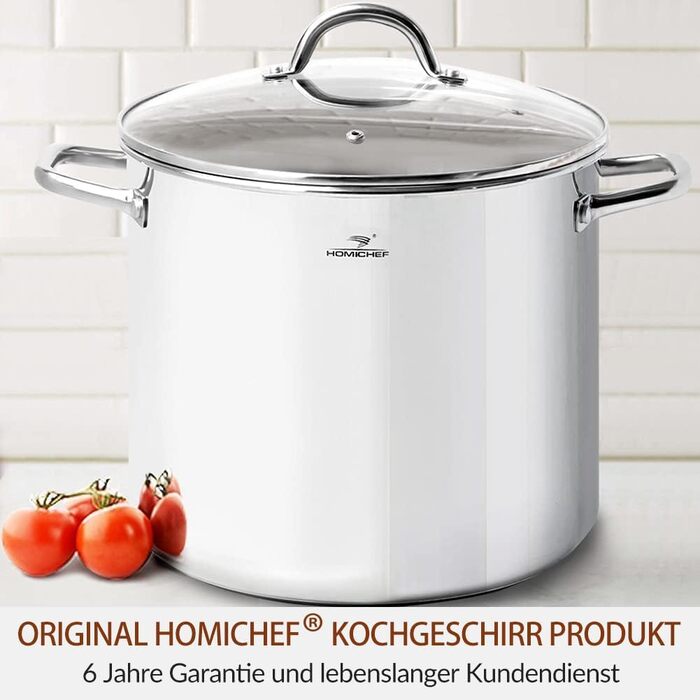 Великий суповий каструля HOMICHEF з нікелевої сталі 18,9 л, 31 см, з кришкою, для індукції, дзеркальна поліровка