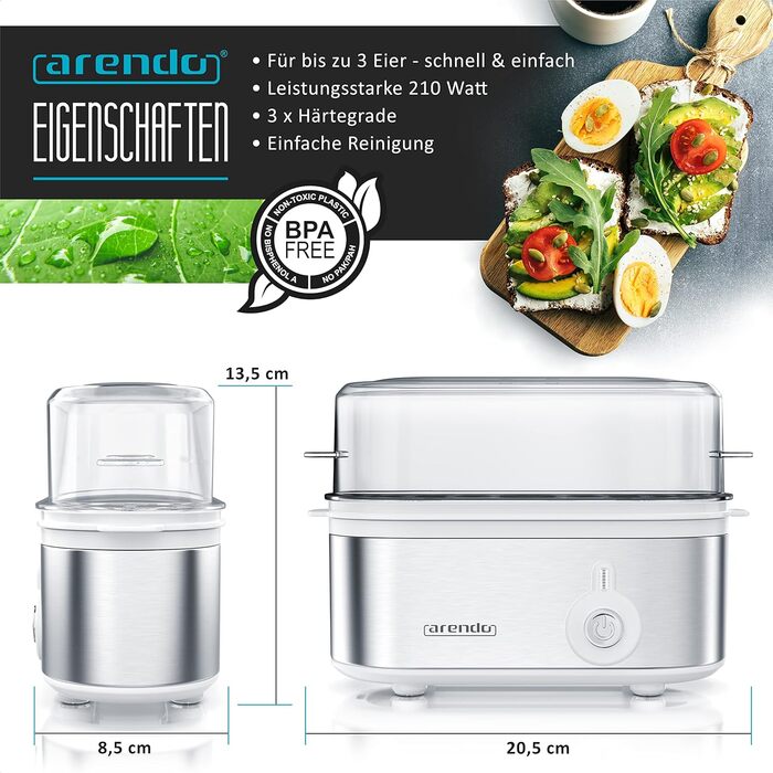 Електричний яйцевар Arendo Threecook з нержавіючої сталі - 1-3 яйця, регулювання ступеня готовності, безпечний, BPA-free