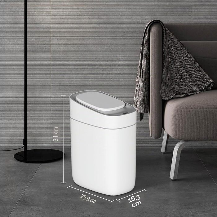 Сенсорний сміттєвий кошик для ванної кімнати ELPHECO, автоматичний вузький відро з кришкою, водонепроникний датчик руху, пластиковий, 9.5 л, білий