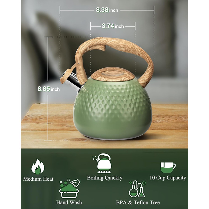 Чайник для заварювання чаю Teekessel 2,7 л з емальованим покриттям зеленого кольору з імітацією дерева, з носиком, з нержавіючої сталі, антижаровий ручка оливкового кольору