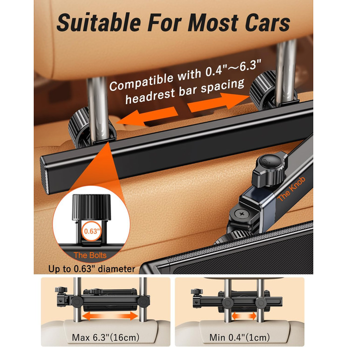 Тримач для планшета в авто, [алюмінієвий довгий кріплення] Тримач для планшету на підголівник авто, [надійно фіксується] Тримач для iPad в авто, чорний, H2