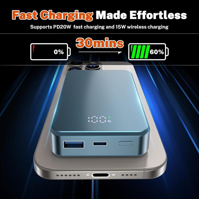 Магнітний Power Bank бездротової зарядки 26800mAh, швидка портативна зарядка з USB-C, для iPhone 16/15/4/13/12 та Android