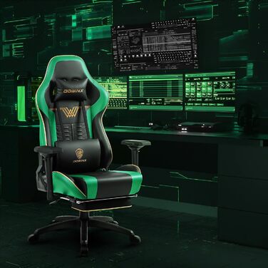Ігровий крісло Dowinx з підлокітниками 4D та підніжкою - ергономічний геймерський стілець, 150 кг (зелений)