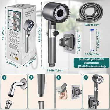 Фільтр для душу з високим тиском, ручна лійка з шлангом, 4 режими, економія води, фільтрація, стоп-функція, для жорсткої води, видаляє хлор та бактерії (Сучасний, Антрацит)