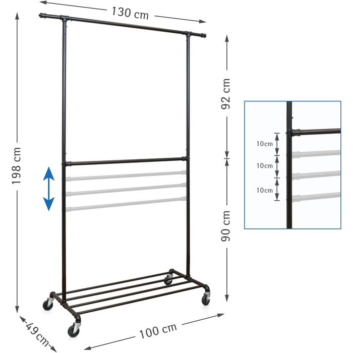 Tatkraft Drago - Stable Clothes Rack, with 2 Clothes Rods, up to 110 kg, Coat Rack, Adjustable, Rolling Clothes Rack, Metal, Black