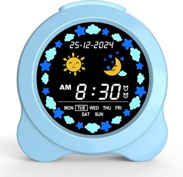 SENXINGYAN Kids Alarm Clock, Alarm Clock for Children with Sun & Moon LED Display, Day & Date Display, Sleep Trainer for Kids with Night Light & Sleep Sounds, Cute Alarm Clock for Kids Room