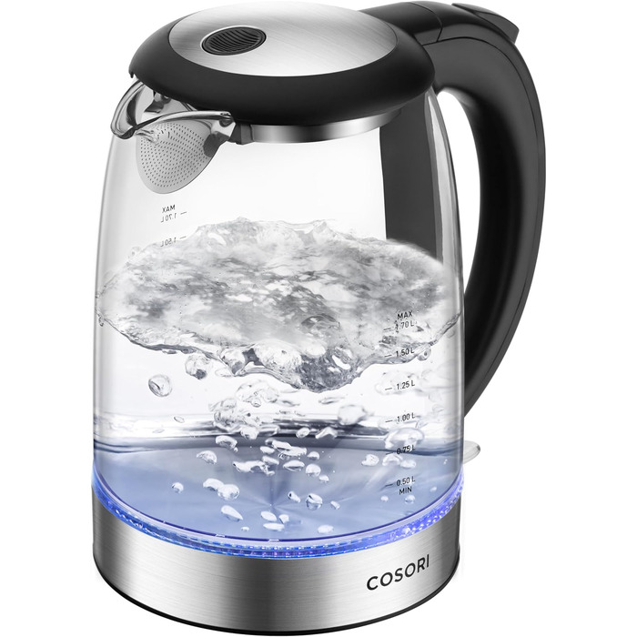 COSORI Glass Kettle, 1.7 Liter, Blue LED, BPA-Free, 2200 Watt, 5-Minute Boil Time, Overheat Protection, 360° Swivel, Kettle made of Borosilicate Glass with Stainless Steel Bottom and Filter