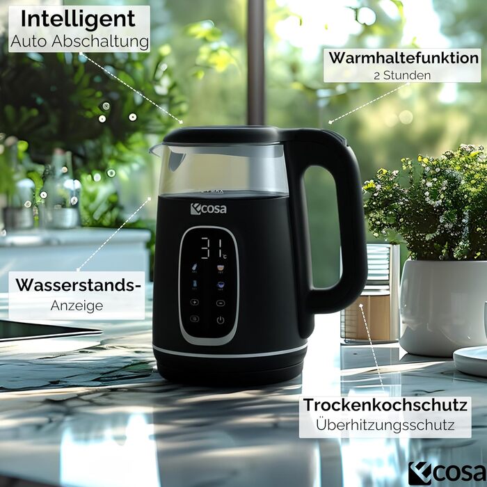 Електрочайник Ecosa® зі скляною колбою та регулюванням температури, 1,7 л, 2200 Вт, не містить BPA, з підігрівом та LED-підсвічуванням (Black Pearl)