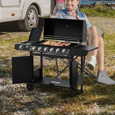 Газовий гриль Outsunny BBQ з візком, 6 конфорок, 1 бічна конфорка, шафка, багатофункціональний, метал, чорний, 135 x 50 x 100 см | Aosom