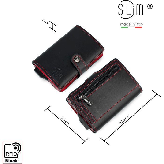 Стильний гаманець Slim Geldbörse для чоловіків та жінок з RFID захистом, відділенням для монет. Зроблено в Італії (Чорний/Червоний)