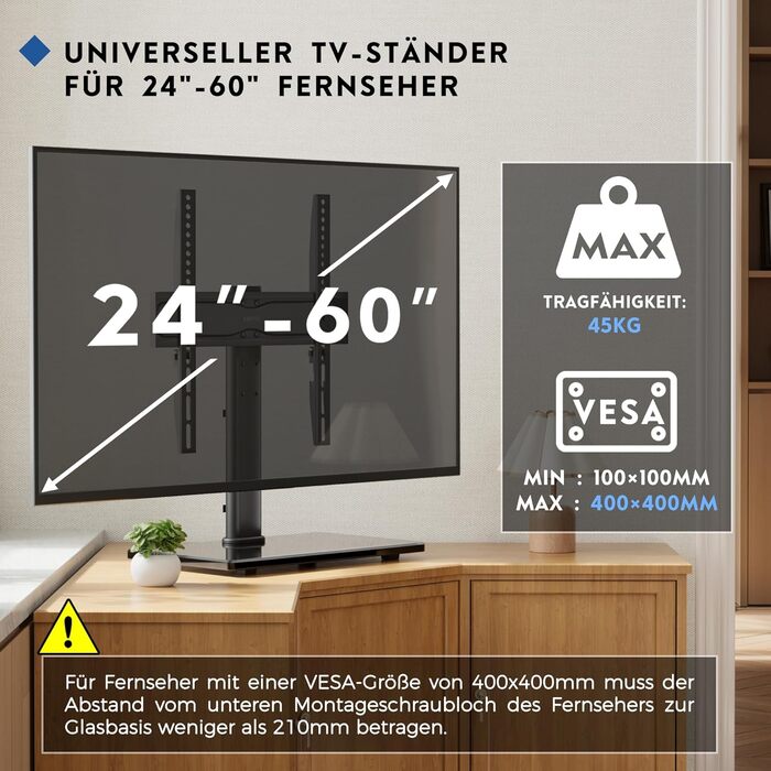 Підставка для телевізора Bontec, регульована по висоті, для LCD, LED, OLED (24-60 дюймів), VESA 400x400 мм, 45 кг, скло, кабелеуправління, чорний
