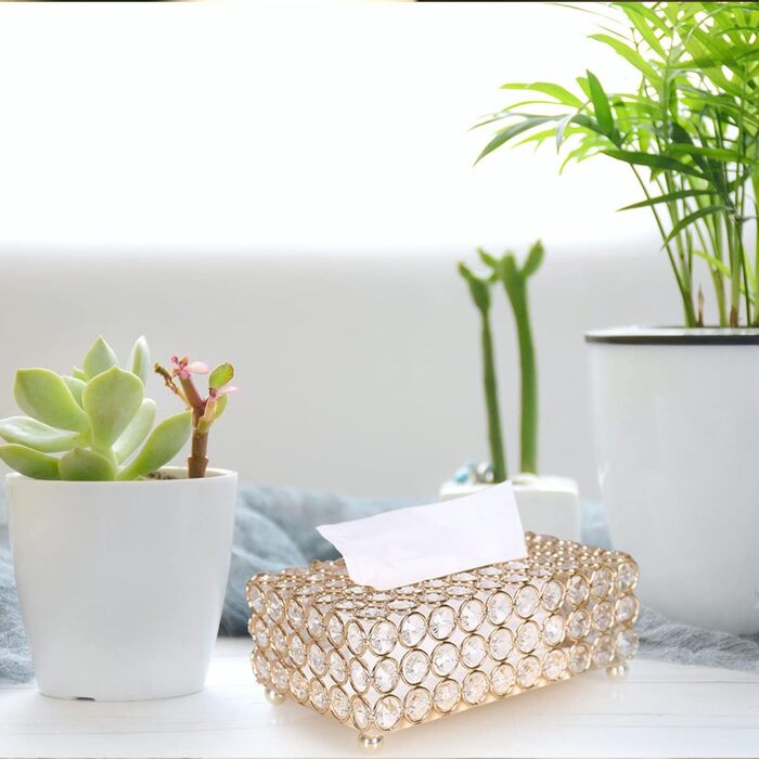 Crystal Cosmetic Box 20 × 13 × 6 cm Rectangular Gold Decorative Tissue Box, Metal Rhinestones Glitter Cosmetic Tissues Desktop Tissue Box for Bedroom Bathroom Living Room