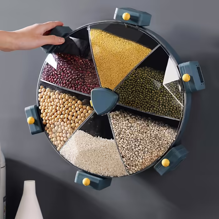Rotating rice and grain dispenser, for kitchen, wall-mounted, for dry food, storage container for beans, white color, practical food dispenser.