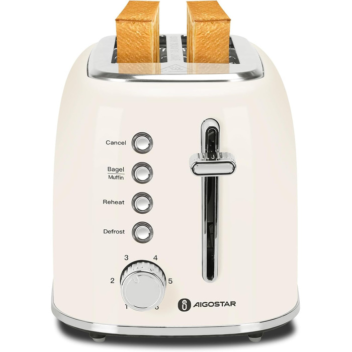 Тостер Aigostar 2-х секційний, Ретро, Кремовий, 800W, 6 рівнів підсмажування, Функції: Bagel, розморожування, підігрів, відміна