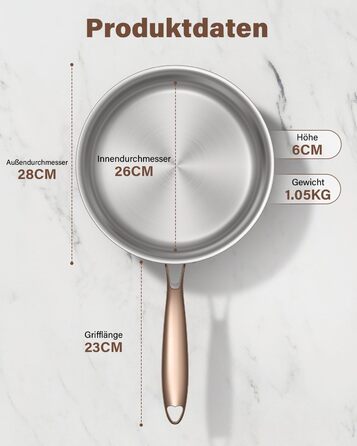 Сковорода Edelstal 28 см з титановим покриттям, індукційна, нержавіюча сталь 18/10, з рожево-золотистою ручкою (без PTFE, PFAS, PFOA) для всіх типів плит