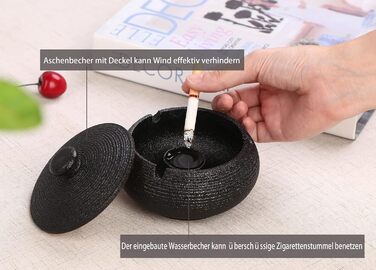 Керамічний попільничник з кришкою, ретро-дизайн, чорний колір, 11.5x8.5 см. Підходить для дому, офісу та вулиці.