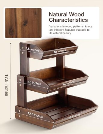 Двоярусна фруктова корзина HOLANA з дерева для стільниці – органайзер для фруктів, овочів та закусок (горіх)