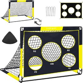 TTCB Sports 2-in-1 Kids Soccer Goal - Outdoor Football Goal with 5 Target Zones, Pop Up Soccer Goal Net & Carry Bag, Ideal for Football Training Equipment or Gifts for Boys (Yellow, 90x90x120cm)