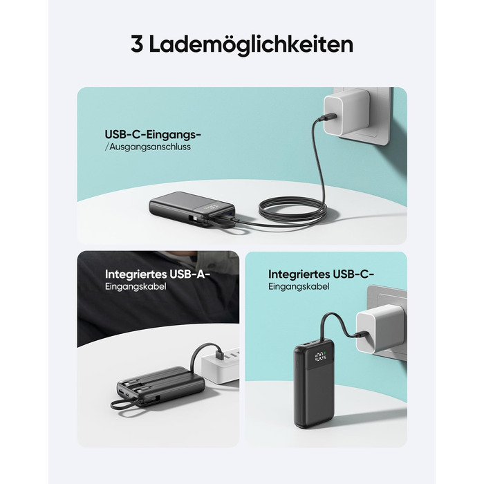 Повербанк ADDTOP 20000mAh з 4 вбудованими кабелями, швидка зарядка 22.5W, компактний зовнішній акумулятор (Чорний)