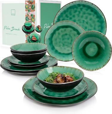 SÄNGER | Teller Set Palm Beach 12-Piece Set, Dinnerware Set for 4 People, Dinnerware Stoneware, Dinner Set including Dinner Plates, Dessert Plates & Deep Plates Green Black with Brown Gradient | PREMIUM COLLECTION Tableware Service 12 Pieces
