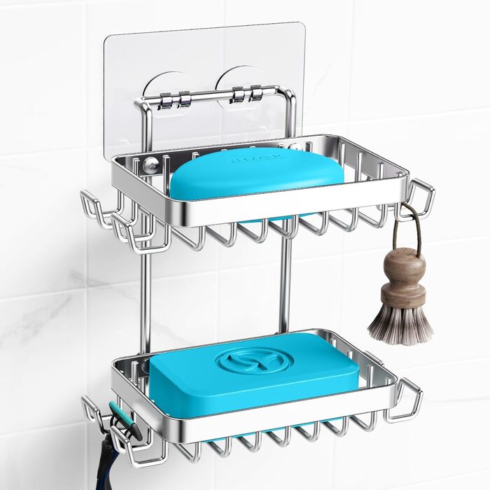 Підставка для мила Nieifi з двома ярусами та зливом, нержавіюча сталь, без свердління, для душової кабіни та ванної кімнати (срібляста)