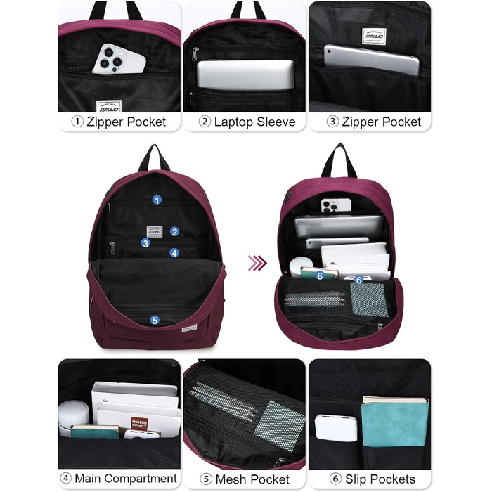 Жіночий рюкзак RAVUO, водонепроникний, для ноутбука 15.6 дюймів, шкільний, для підлітків, подорожей, роботи, червоний/бордовий