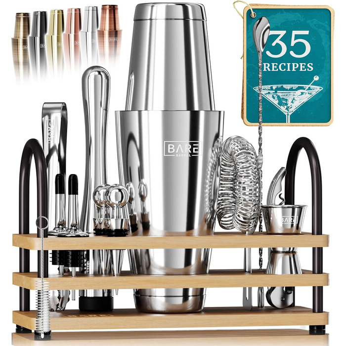 Bare Barrel® Cocktail Shaker Set - 14 Piece Mixology Bar Set with Boston Shaker, Martini Accessories, & Recipe Cards - Perfect Home Bar Gift Set